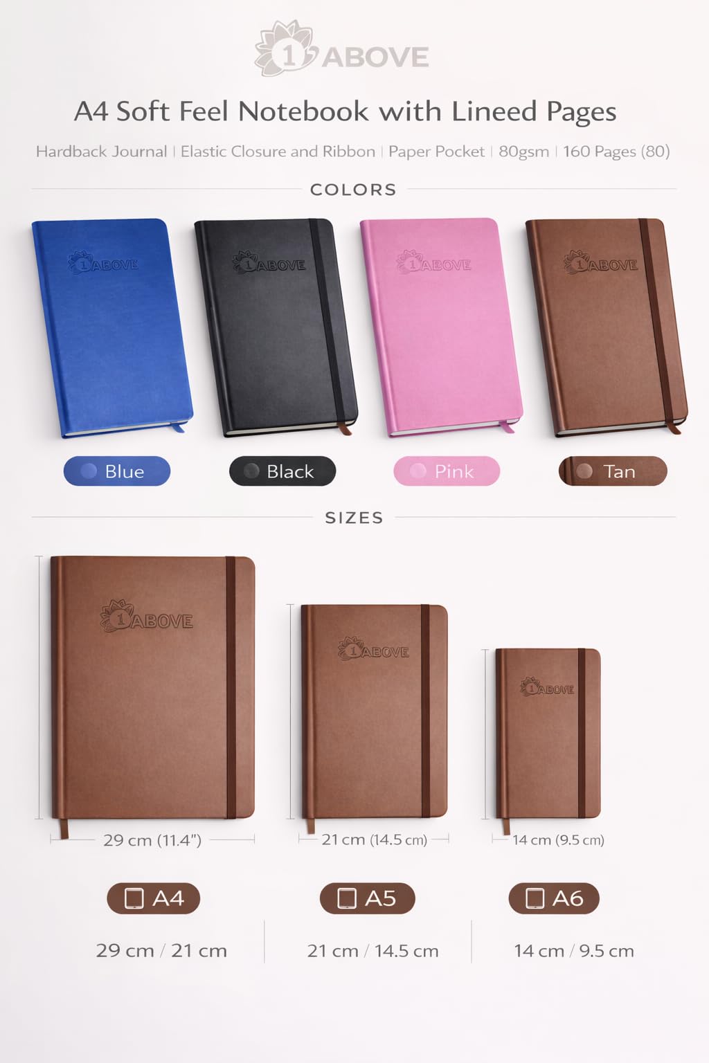 1ABOVE A4 Soft Feel Executive Notebook - Blue Hardback Journal with Elastic Closure | 160 Lined Pages 5