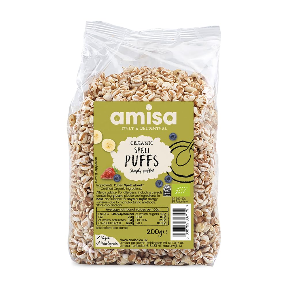 Amisa Organic Spelt Puffs, 200g - Light & Crunchy Texture - High in Fibre & Vegan