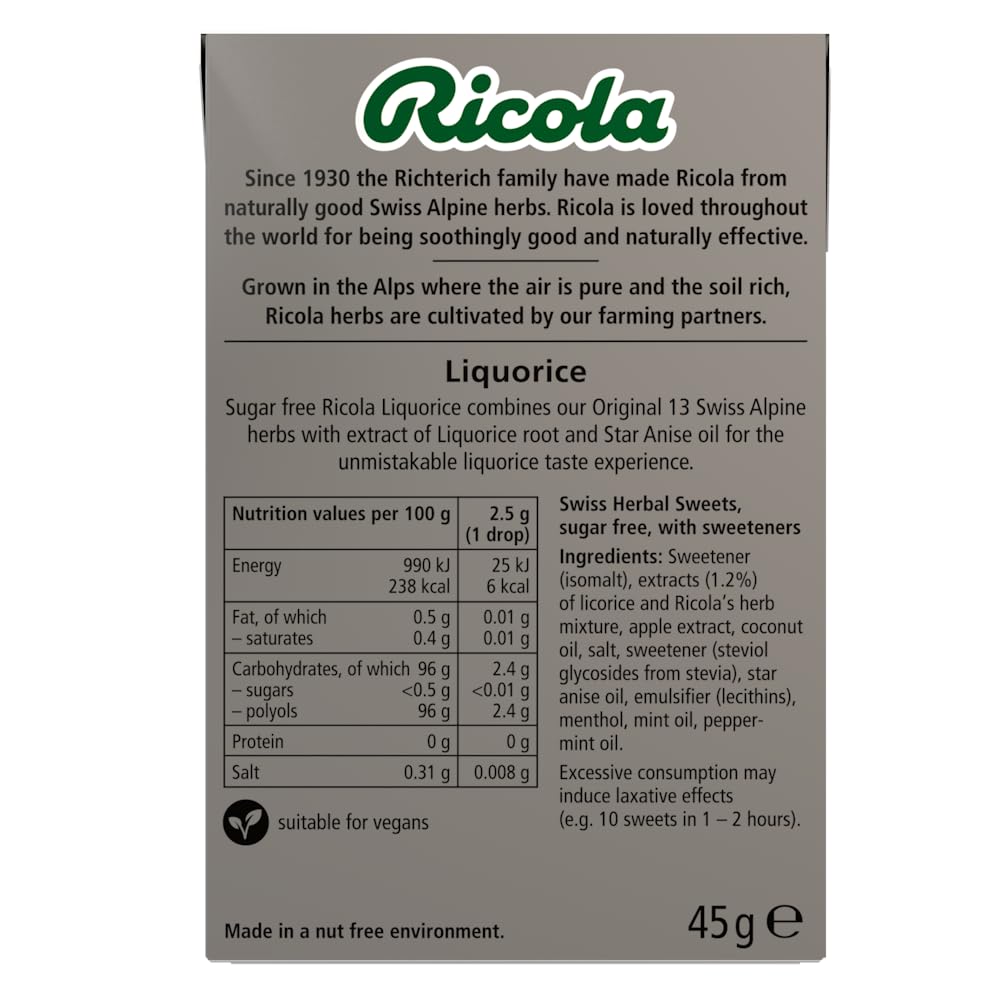 Ricola Liquorice Sugar Free Swiss Herbal Sweets, 10-Pack Sweet Box, Stevia-Sweetened Herb Drops with 13 Alpine Herbs, 45g 3