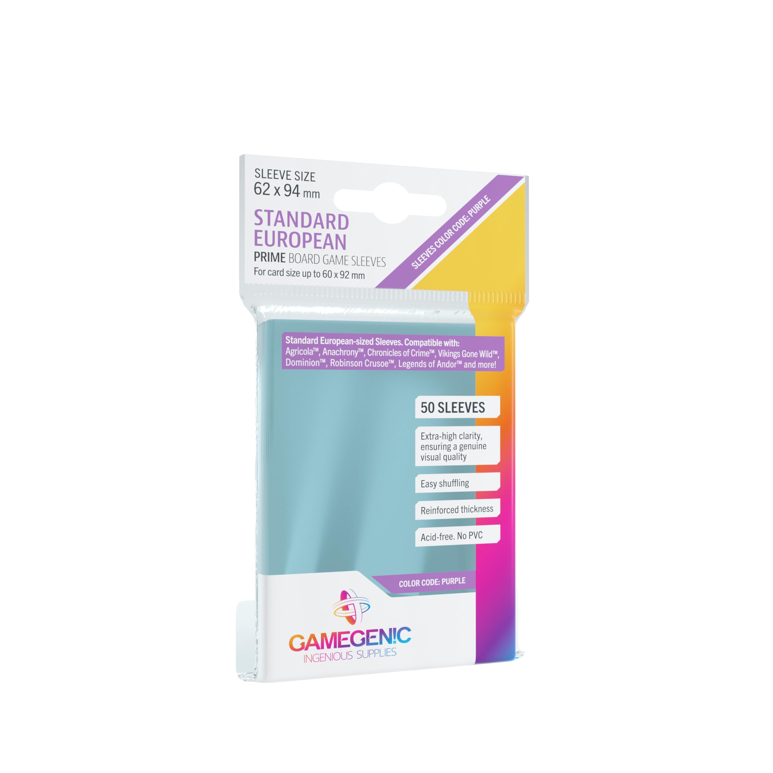 Gamegenic Prime Standard European-Sized Sleeves 62 x 94 mm (50 Count) | Clear Polypropylene | 100 Micron Thickness