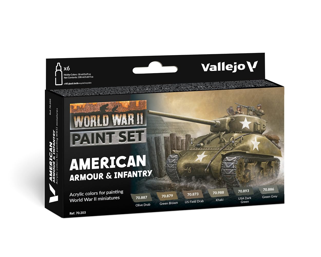 Vallejo VAL70203 AV Model Color Set - WWII American Armour & Infantry | 6 x 17 ml Acrylic Paints 1