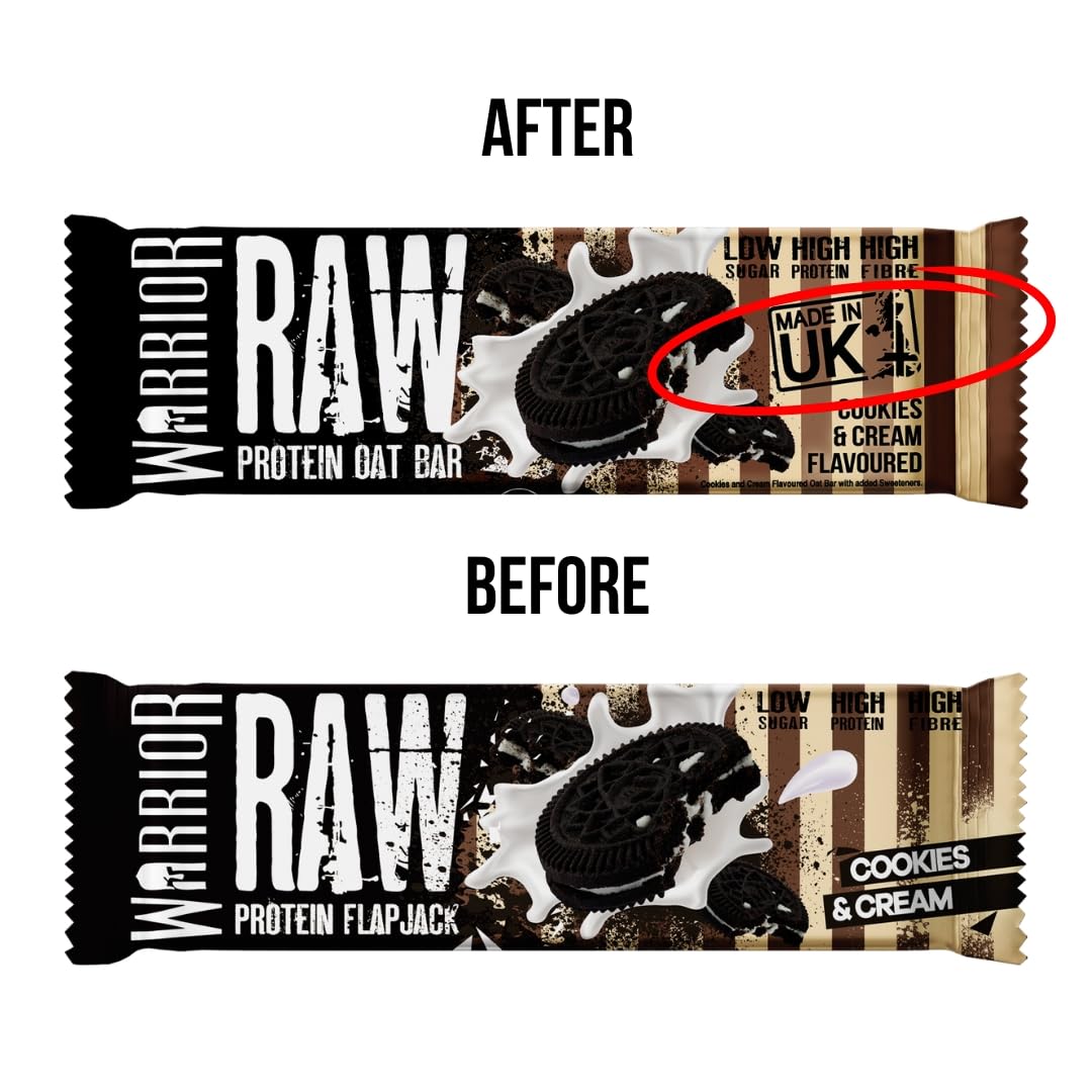 Warrior Raw Protein Bars - 12 x 75g Cookies & Cream High Protein Oat Flapjacks - Low Sugar, High Fibre - UK Made