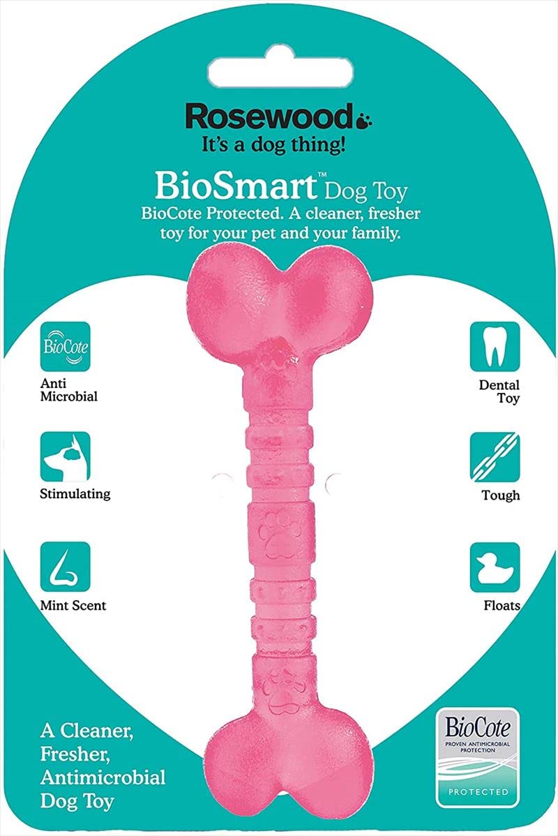 Rosewood BioSafe Puppy Bone - Antimicrobial Chew Toy for Teething Puppies | Pink | Mint Scented