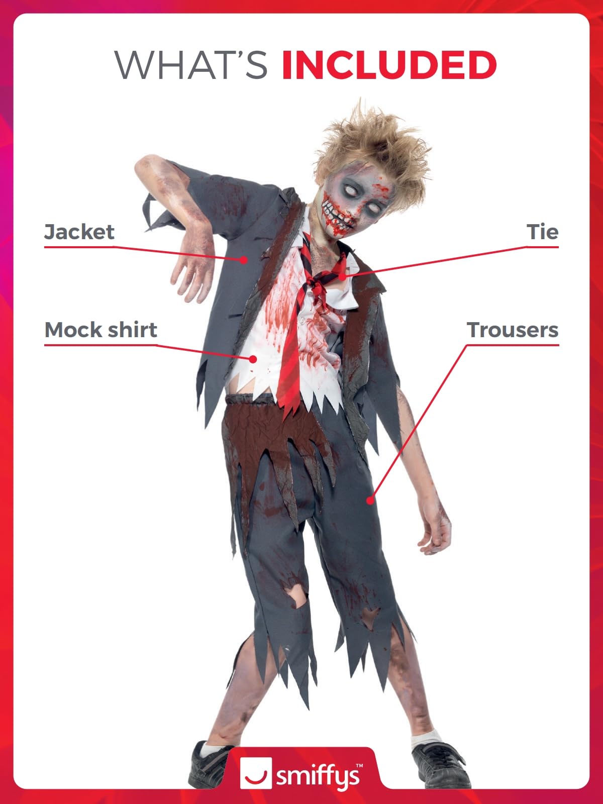 Smiffys Zombie School Boy Costume - Grey Full Set with Trousers, Jacket, Mock Shirt & Tie for Kids Ages 7-9 3