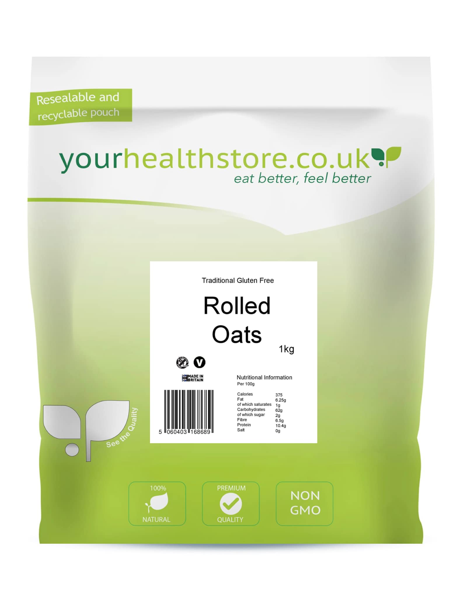 yourhealthstore Traditional Rolled Oats - 1kg Pure Whole Grain | Gluten Free, British Oats 1