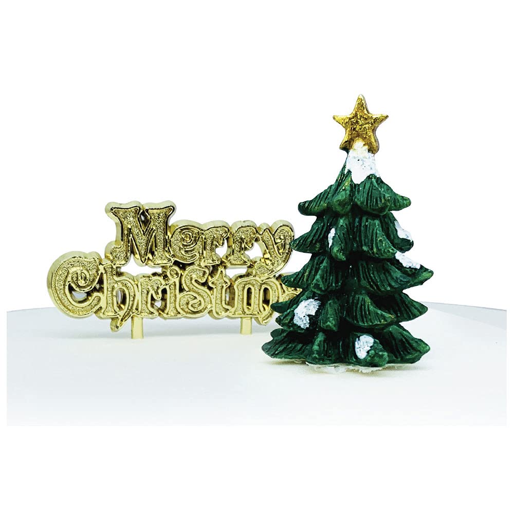 Anniversary House 2pc Christmas Cake Toppers Set - Classic Tree & Gold Motto | Resin/Polyester