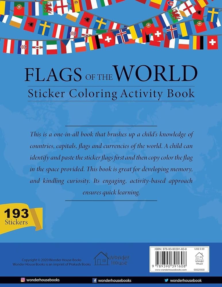 Wonder House Flags of the World Sticker Coloring Activity Book - Ages 5-10 | 72 Pages | English