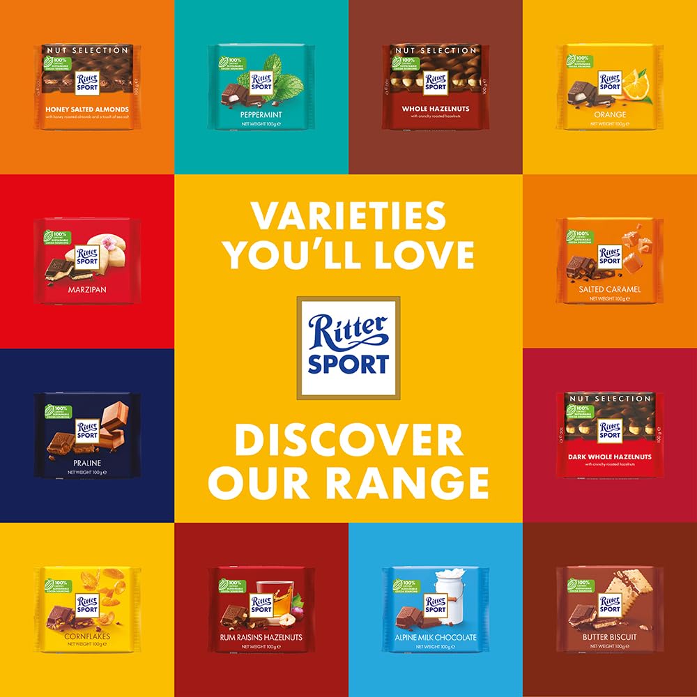 Ritter Sport Rum Raisins and Hazelnuts Milk Chocolate Bar, 100g, Case of 12
