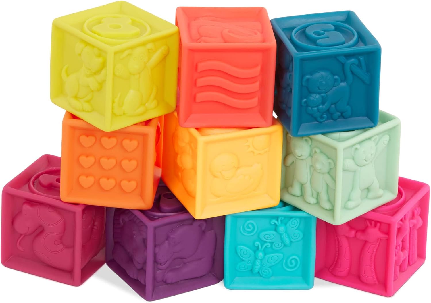 B. toys One Two Squeeze™ 10 Soft Squeezable Baby Blocks - Stacking & Learning Toy for 6+ Months