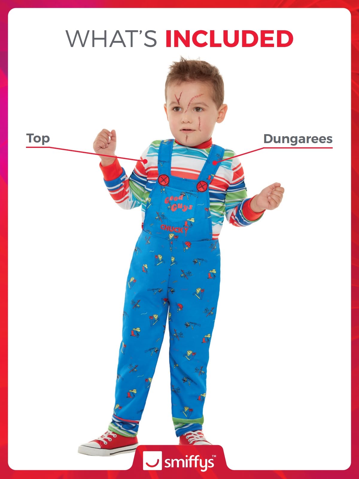 Smiffys Chucky Costume - Kids Blue Striped Top and Printed Dungarees 9