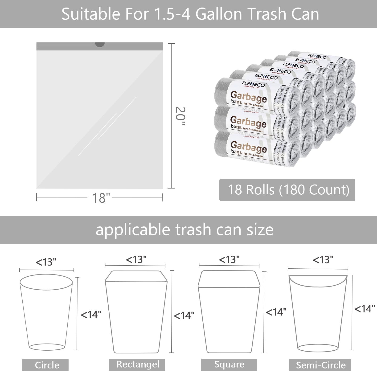 ELPHECO 180-Pack 15L Drawstring Bin Bags - Tear Resistant Trash Liners for Home, Bathroom, Kitchen & Office