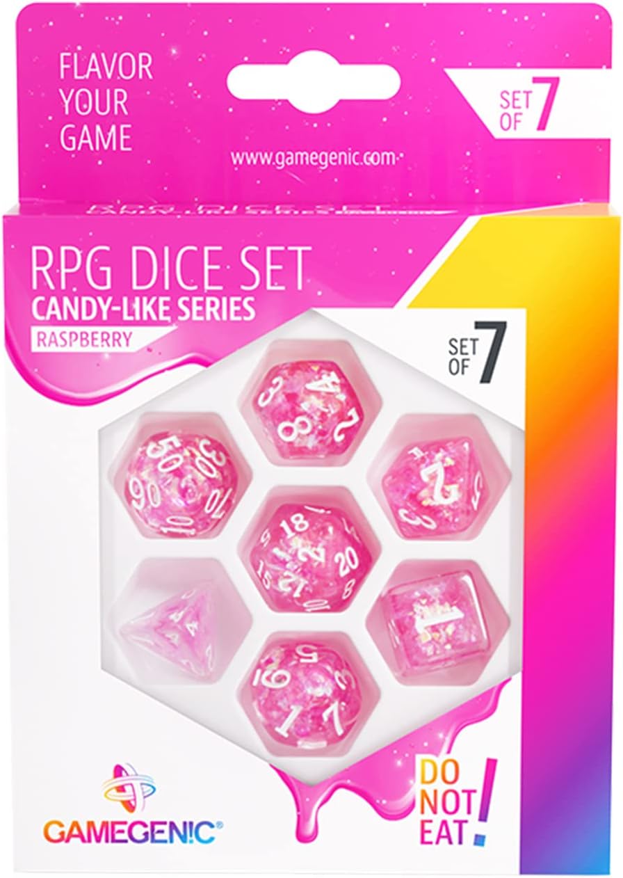 Gamegenic Candy-Like Series Raspberry Glitter RPG Dice Set – 7-Piece Polyhedral Dice for Roleplaying Games