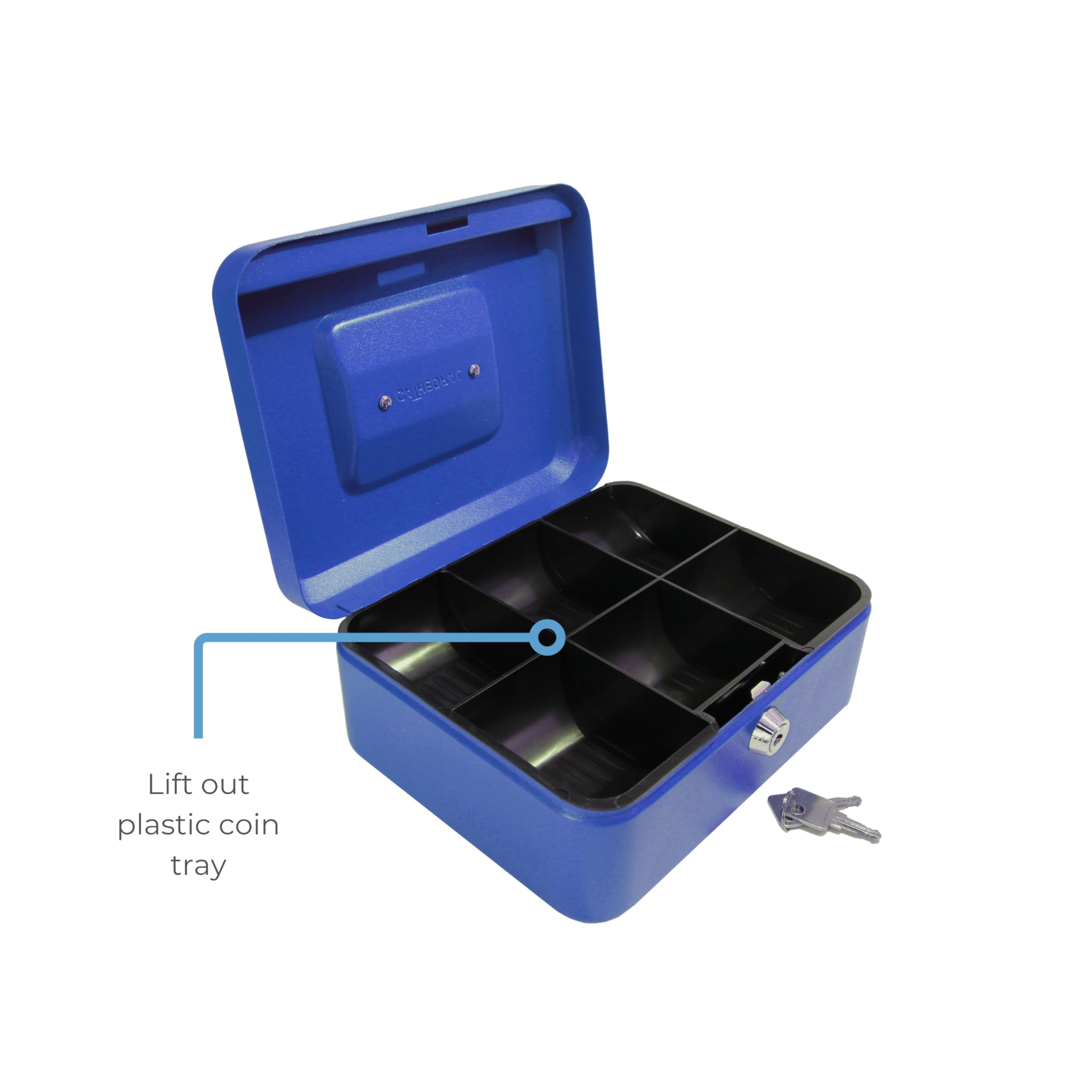 Cathedral Products Key Lockable Cash Box with 6 Compartment Coin Tray - 8 Inch - Blue 3