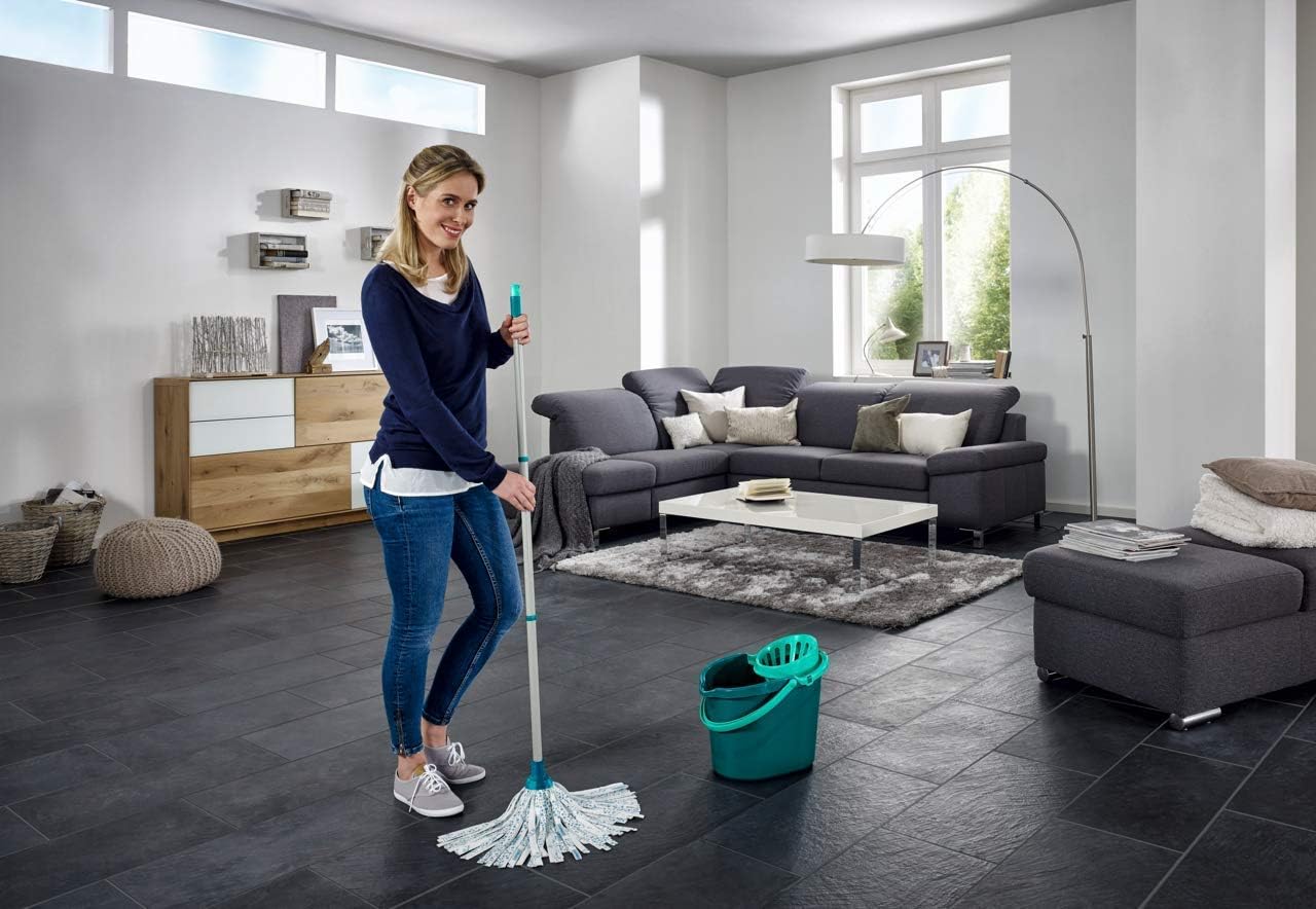 Leifheit Classic Mop and Bucket Set - 12L with Wringer, 120cm Steel Handle, Washable Viscose Mop Head