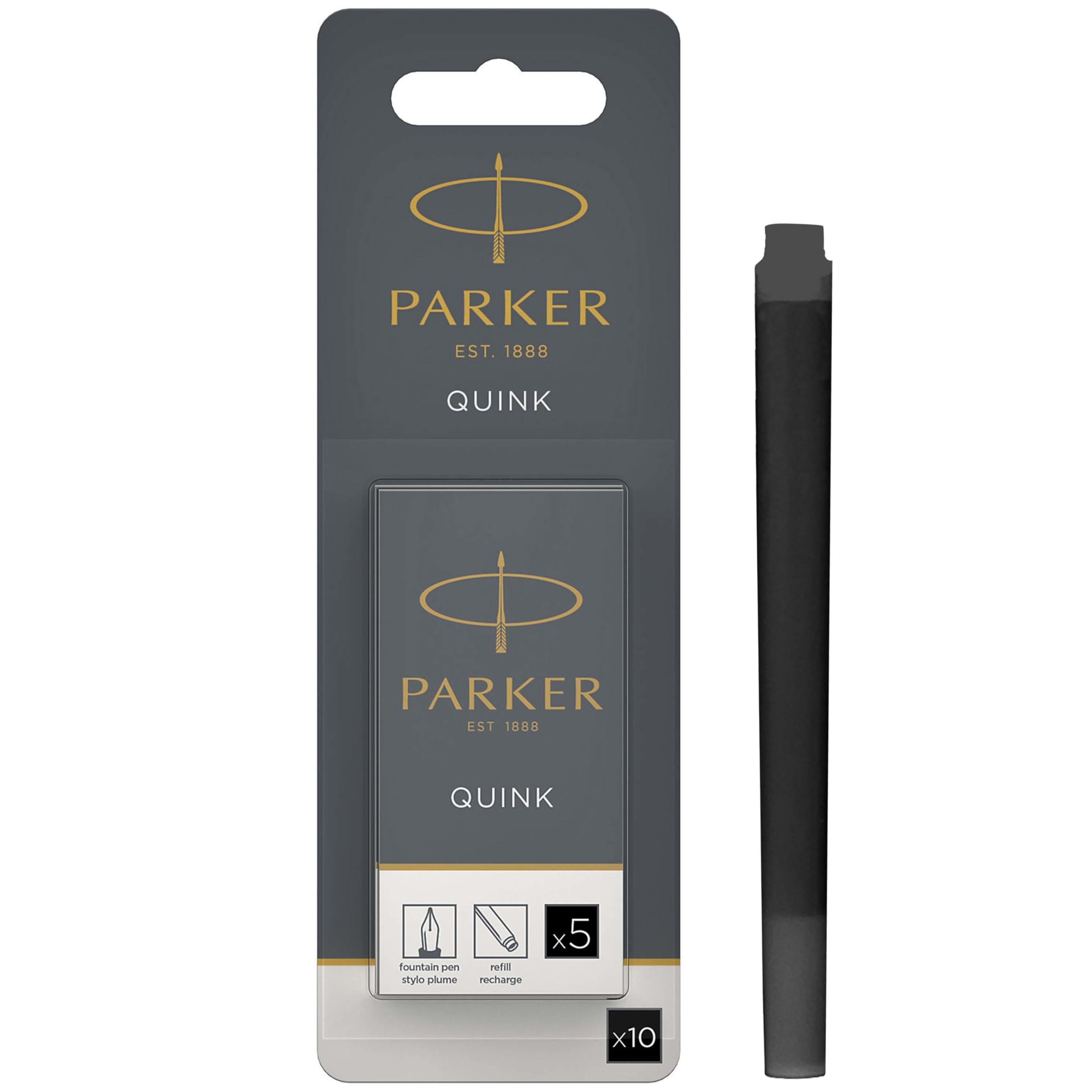 PARKER QUINK Long Fountain Pen Ink Refill Cartridges - Black Ink | 10 Count