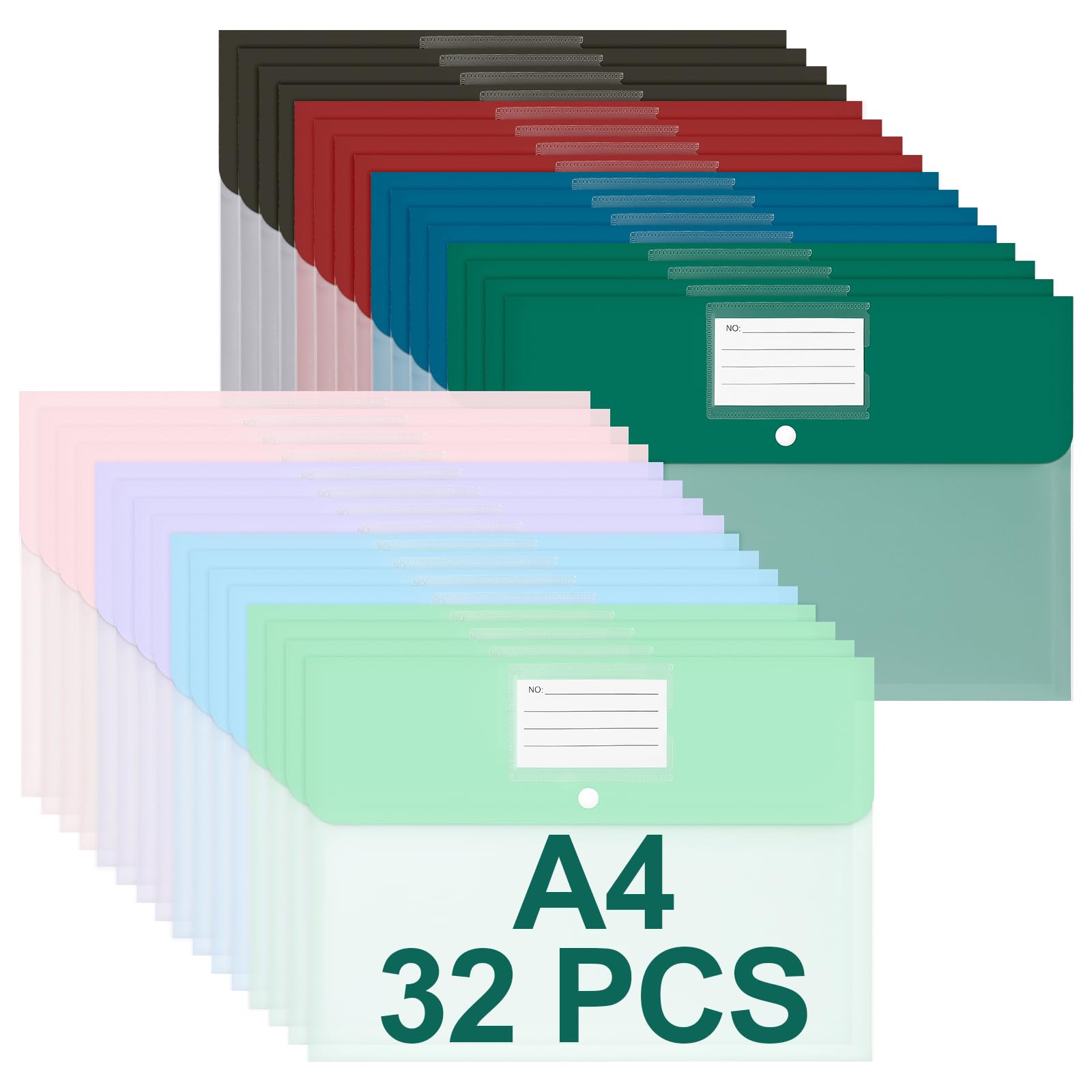 Euvqunn 32 PCS Plastic Wallets A4 - 8 Colours, Snap Button, Waterproof Document Folders 1