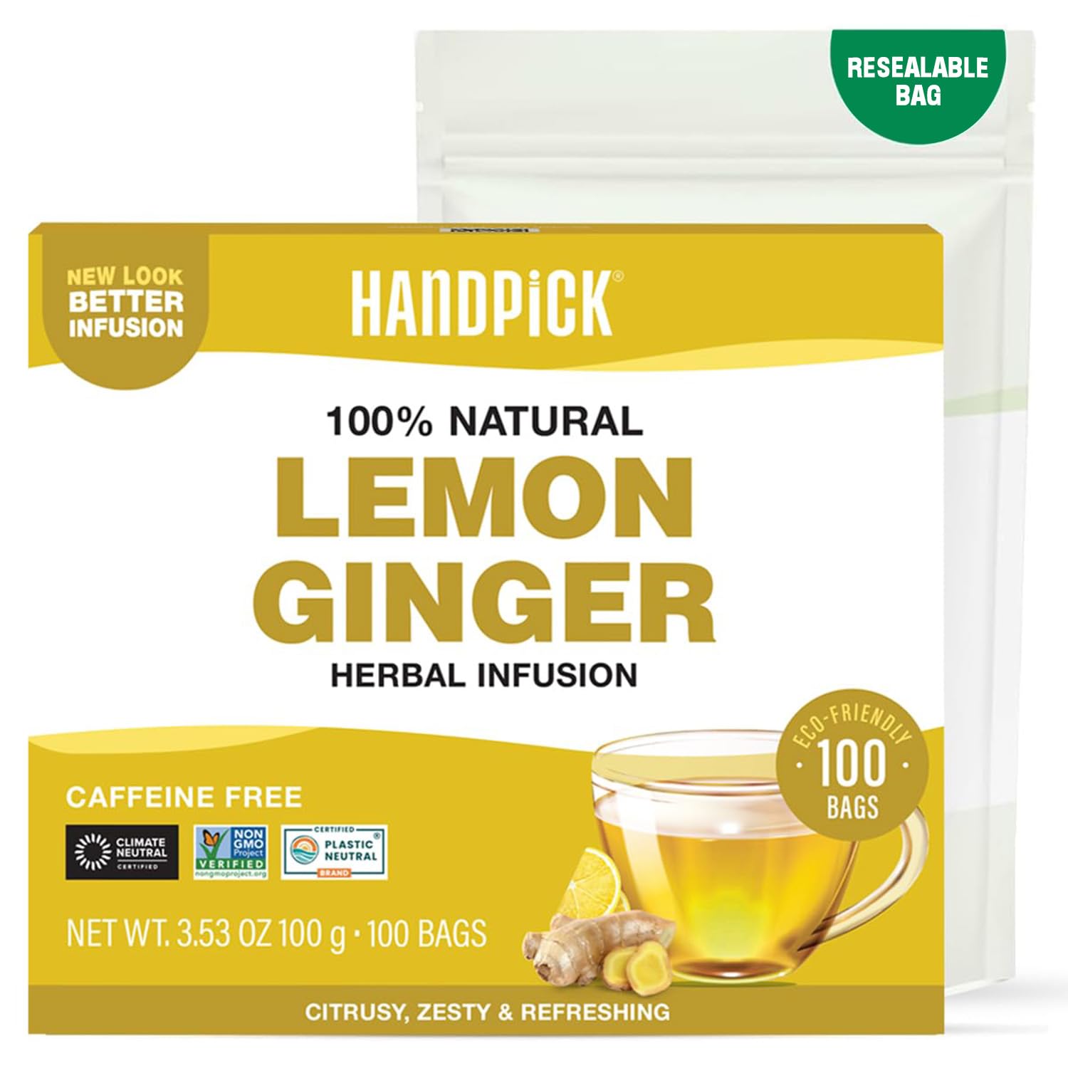 HANDPICK Lemon Ginger Herbal Tea Bags - 100 Count | Lemon, Ginger, Lemongrass & Licorice Blend | Eco-Conscious 1