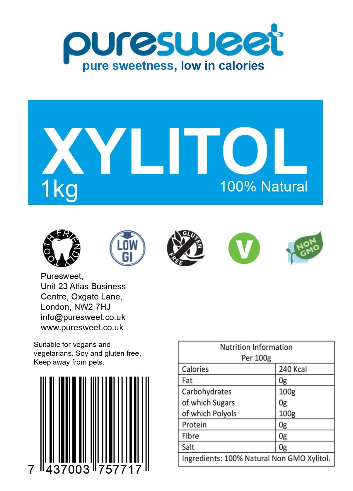 Puresweet® Xylitol 1kg - Natural Sugar Alternative, Non-GMO, Diabetic & Keto Friendly