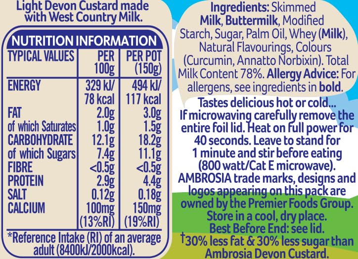 Ambrosia Light Devon Custard Pot, 30% Less Sugar & Fat, Calcium-Rich Dessert