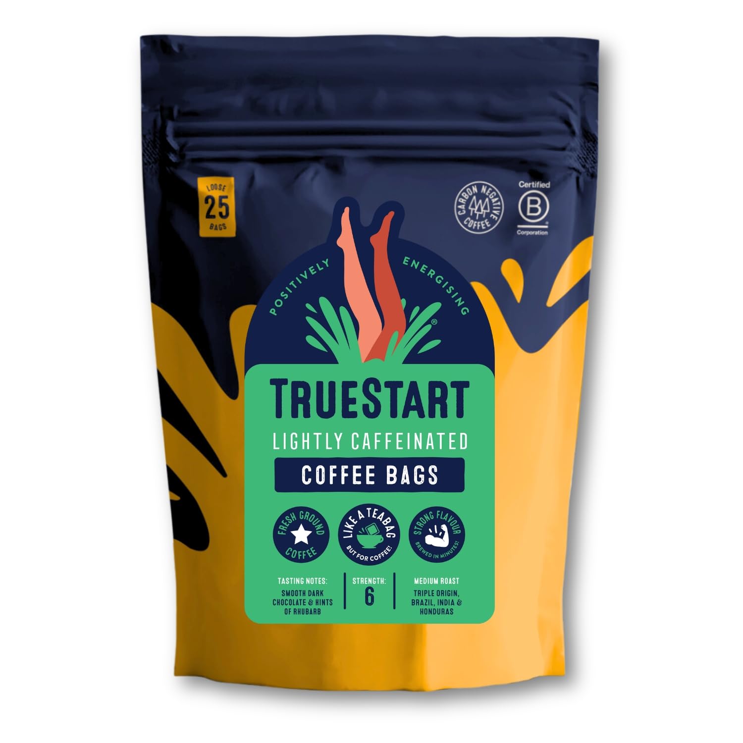 TrueStart Kaffeebeutel, leicht koffeinhaltig – 25 lose Beutel, mykotoxinfreier kolumbianischer Arabica, reich an Antioxidantien, glutenfrei, einzeln verpackt