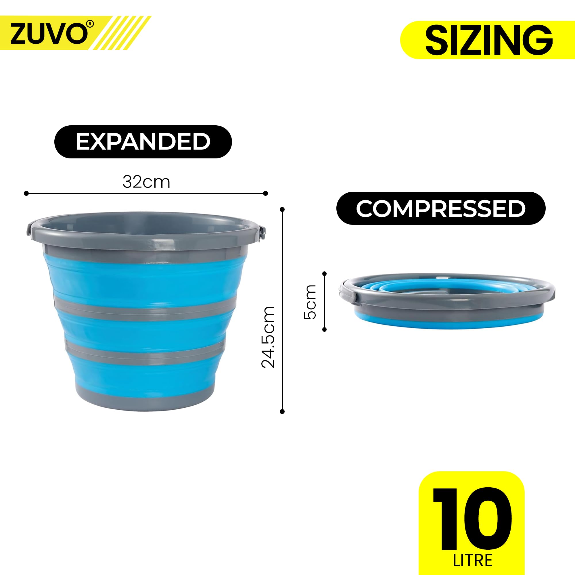 Zuvo Collapsible Bucket - 10L Capacity, Food-Grade Silicone, Leakproof Design