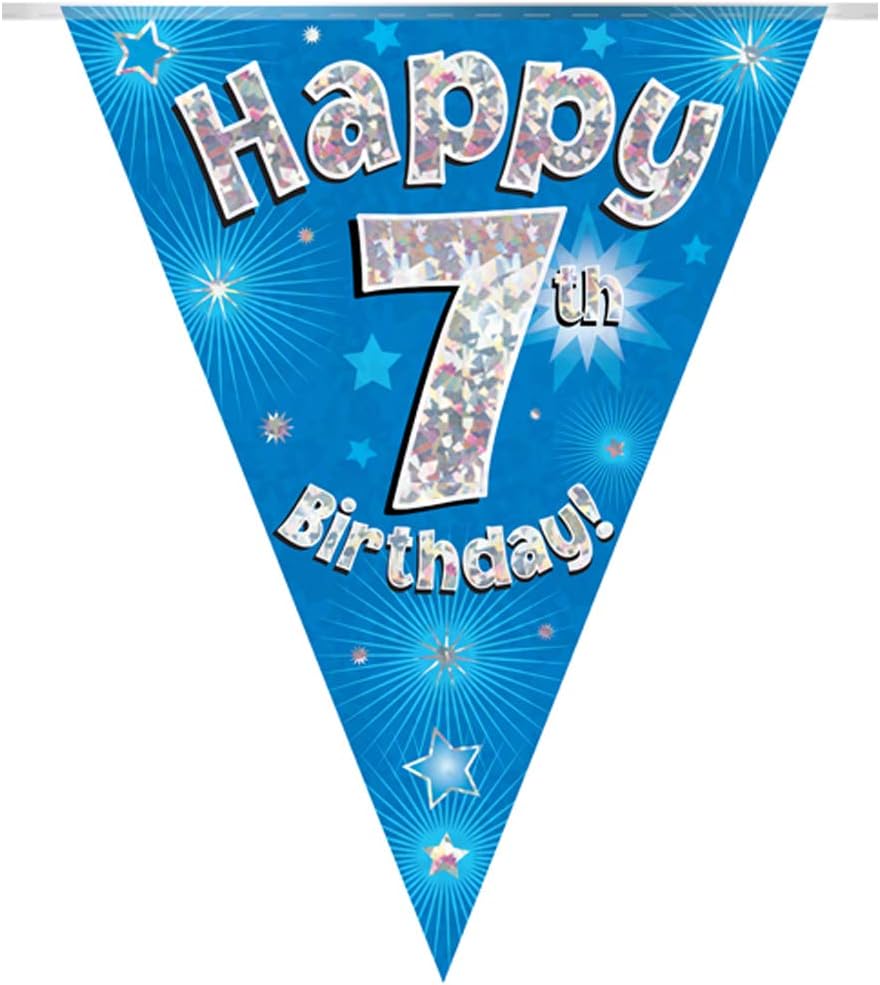 Happy 7th Birthday Party Bunting - Blue Holographic 11 Flags 3.9m