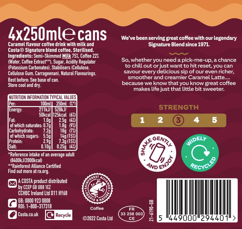 Costa Coffee Latte 4 x 250 ml - Creamy Ready-to-Drink Coffee with Mocha Italia Blend 6