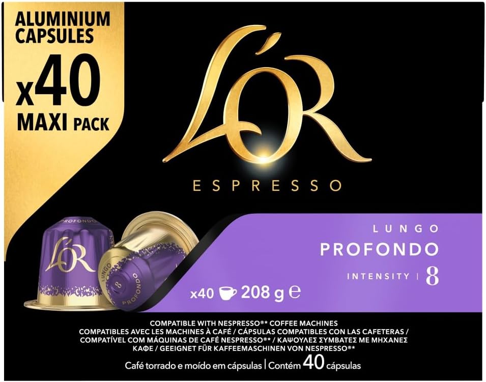 L'OR Espresso Lungo Profondo Coffee Pods x40 Intensity 8 - Aluminum Capsules for Nespresso & L'OR Barista Machines