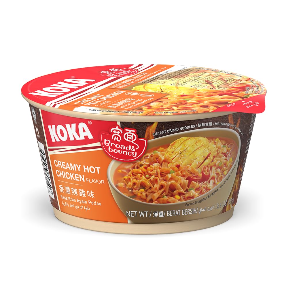 KOKA Spicy Broad Noodles Creamy Hot Chicken Flavour - Broad & Bouncy Noodles | 95g Bowl