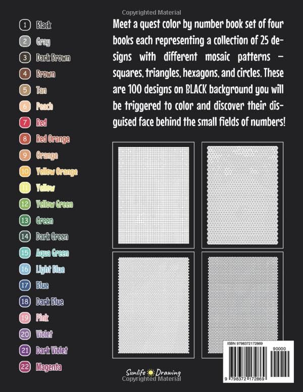 100 QUEST Color By Number: Squares + Triangles + Hexagons + Circles (BLACK) - by Sunlife Drawing (Paperback)