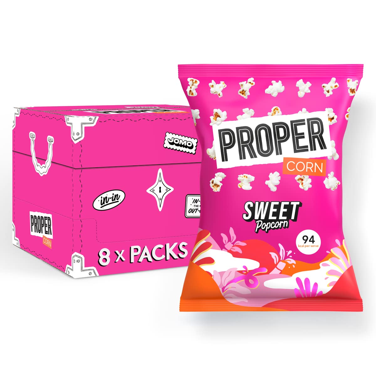 PROPER Sweet Popcorn, 90g Sharing Bag, Pack of 8, Vegan, Gluten-Free, Natural Flavourings, 94 kcal