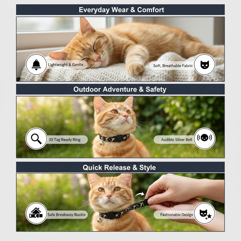 Muexoee Reflective Adjustable Cat Collar with Bell, Moon Star Print, Blue, 2 Pack 6