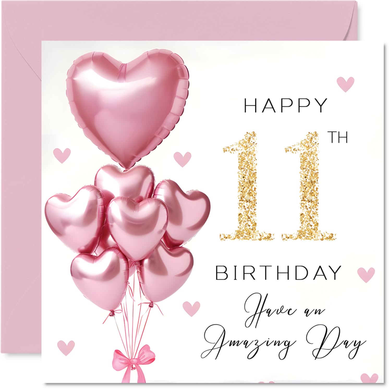 Stuff4 11th Birthday Card for Girls - Pink Glitter Balloons | 145mm Square | Blank Inside