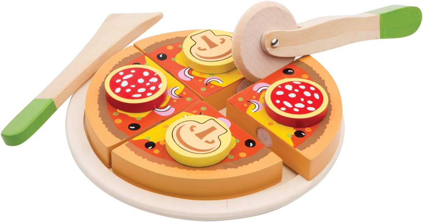 New Classic Toys 10586 Wooden Pretend Play Pizza Cutting Set - Educational Pretend Food for Toddlers & Kids, Ages 2+
