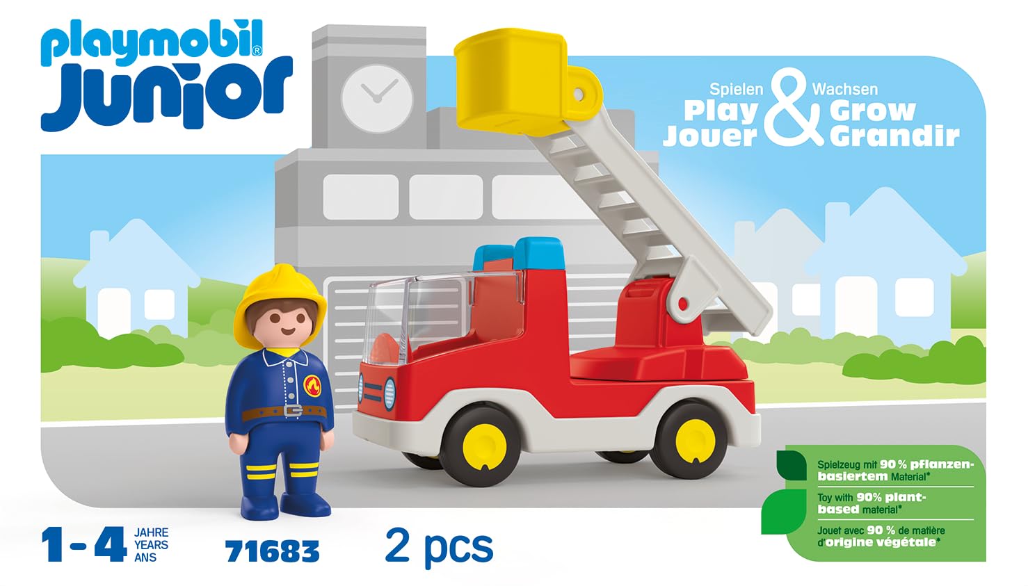 PLAYMOBIL 71683 JUNIOR Ladder Unit Fire Truck - 360° Swiveling Ladder Rescue Vehicle for Toddlers 5
