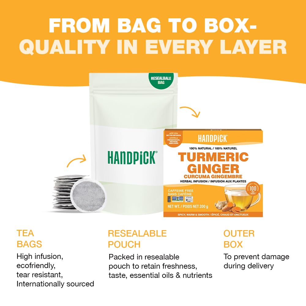 HANDPICK - Turmeric Ginger Tea Bags (100 Herbal Tea Bags) Caffeine Free, Non-GMO, Eco-Conscious Packaging 6