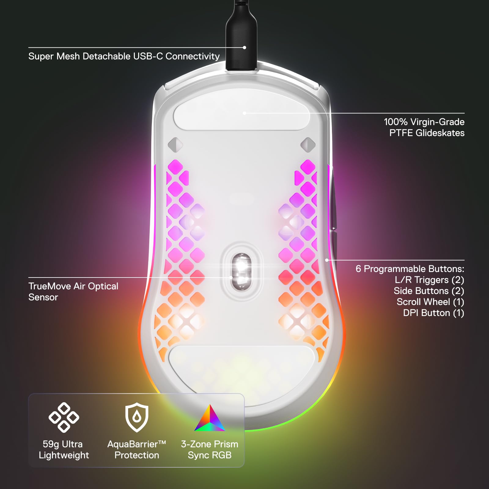 SteelSeries Aerox 3 Snow - Ultra-Lightweight Holey RGB Gaming Mouse, 8500 DPI TrueMove Core Sensor, IP54 Water Resistant, 59g 6