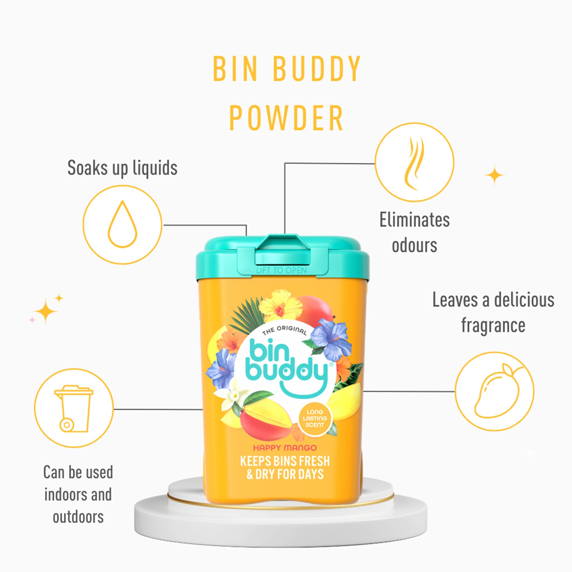 Bin Buddy Happy Mango Mülleimer-Erfrischerpulver 450 g – Tropischer Duft-Deodorant für Küche, Bad, Lebensmittelabfälle und Mülltonnen 3