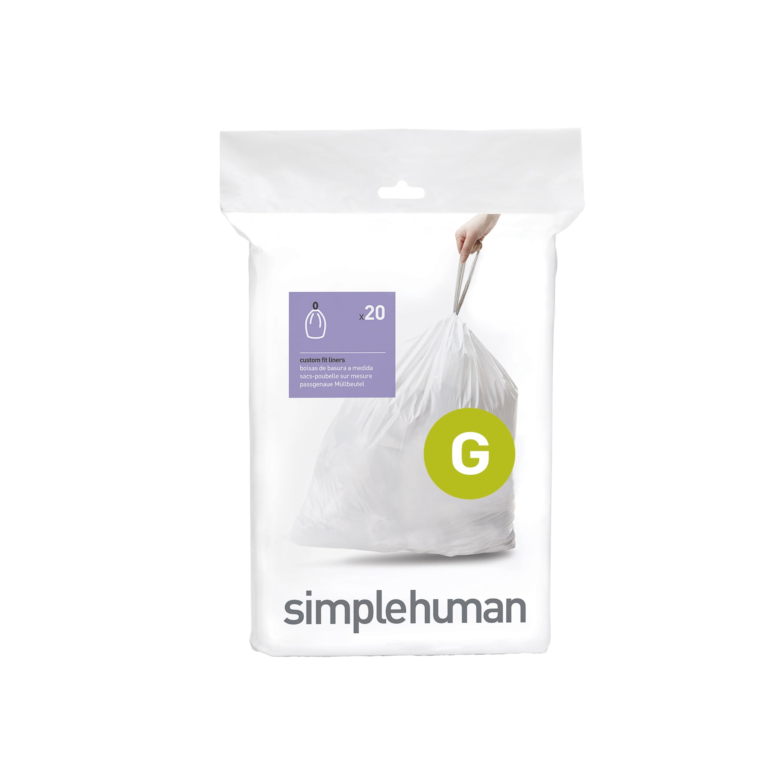 simplehuman Code G Custom Fit Bin Liners - 30L Capacity, White Plastic, Pack of 20