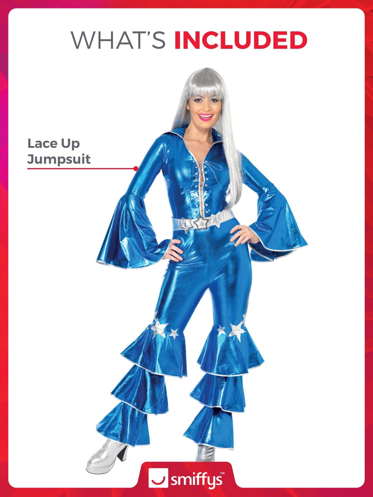 Smiffys 70s Dancing Dream Costume - Blue Disco Jumpsuit with Lace-Up Front & Bell Sleeves