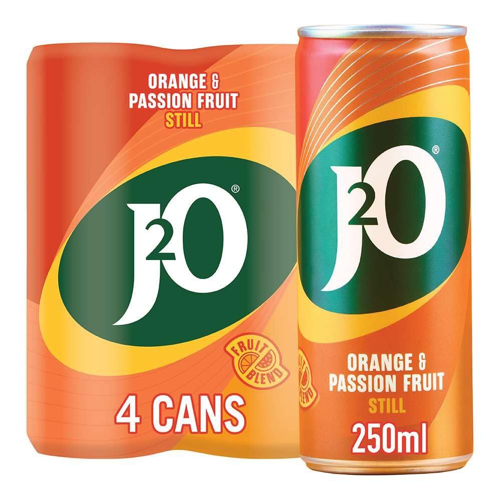 J2O Orange & Passion Fruit Juice - 4 x 250ml Cans | Low Calorie