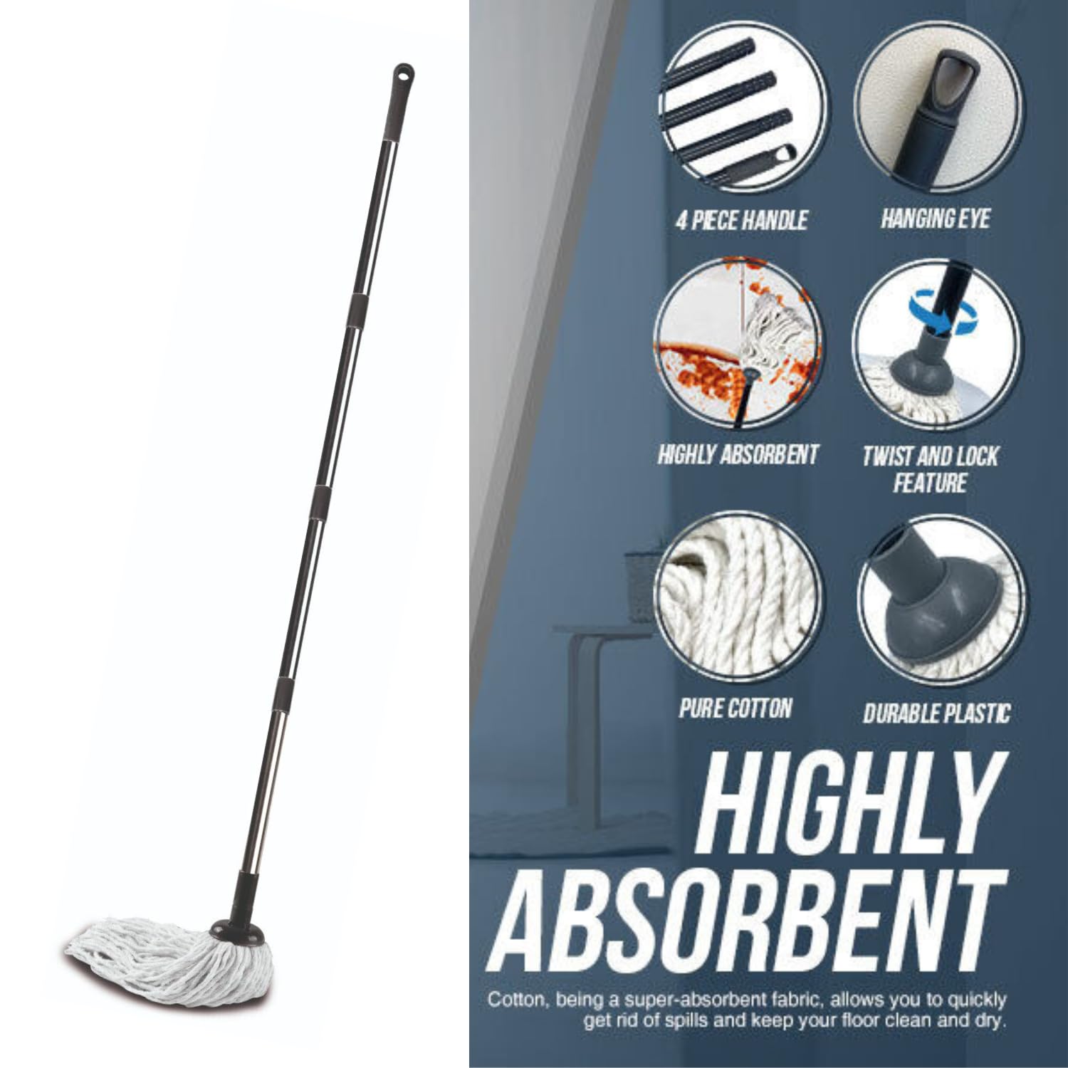 REQUISITE NEEDS 120cm Long Cotton String Floor Mop with Detachable Head and Adjustable Handle 7
