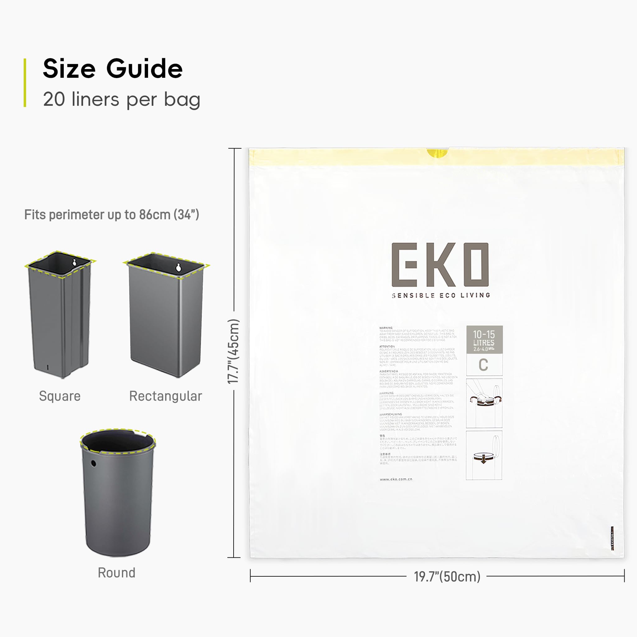 EKO Size C Bin Liners for Kitchen Bins - 10-15 Litre Capacity - Extra Strong with Drawstring Tie - 20 Bags
