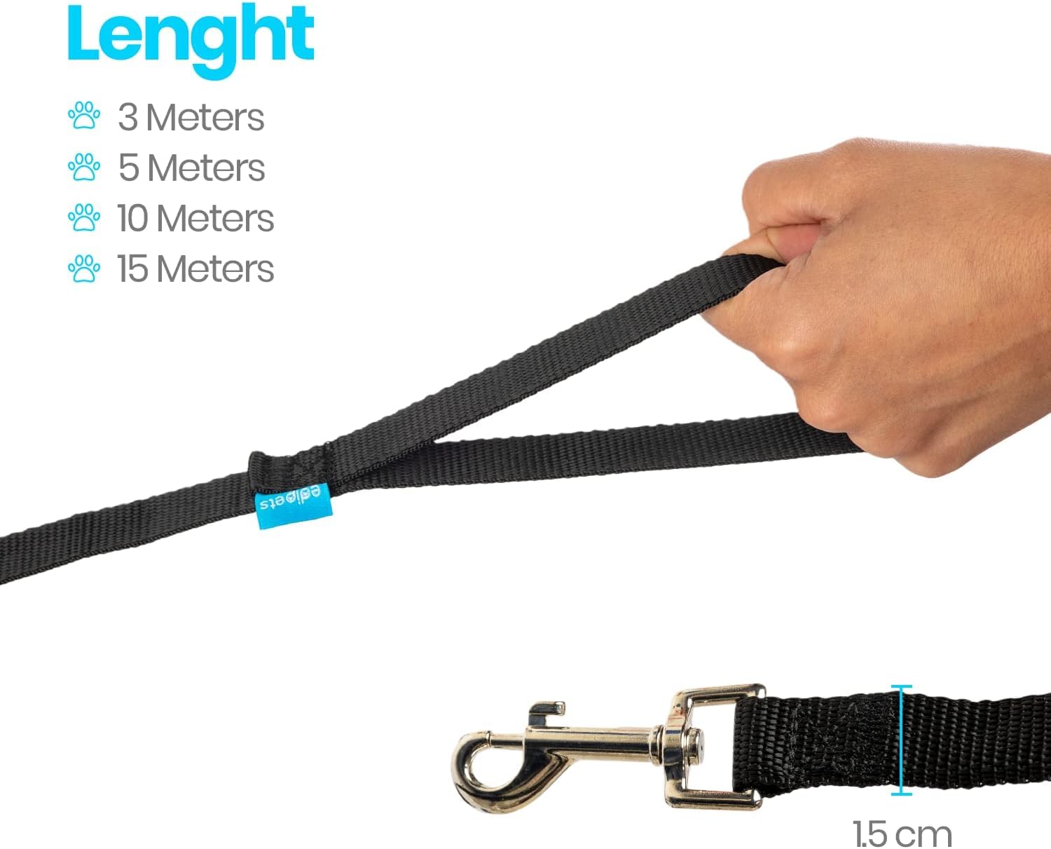 Edipets Durable Nylon Dog Training Lead - 10m Length | Stainless Steel Carabiner | Black