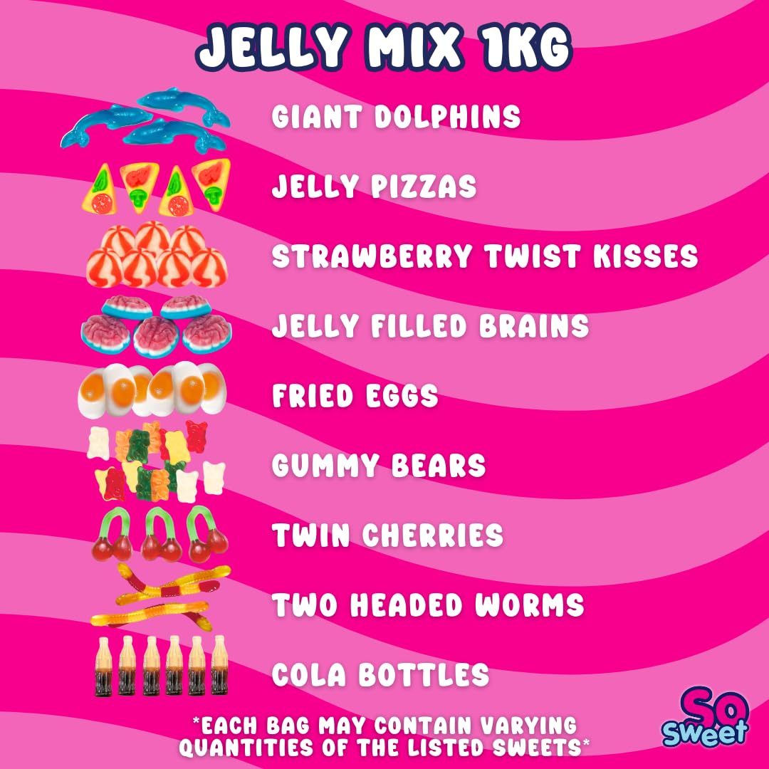 SoSweet Jelly Sweet Mix – 1-kg-Großpackung mit zähen Gelee-Süßigkeiten | Party-Pick &amp; Mix, Leckereien zum Teilen, Gummibärchen, Cola-Flaschen, Doppelkirschen