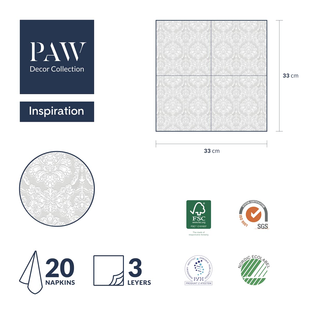 PAW Decor Collection Gold 3-Ply Napkins (33 x 33 cm) – 20 Pieces, FSC & Ecolabel-Certified 13