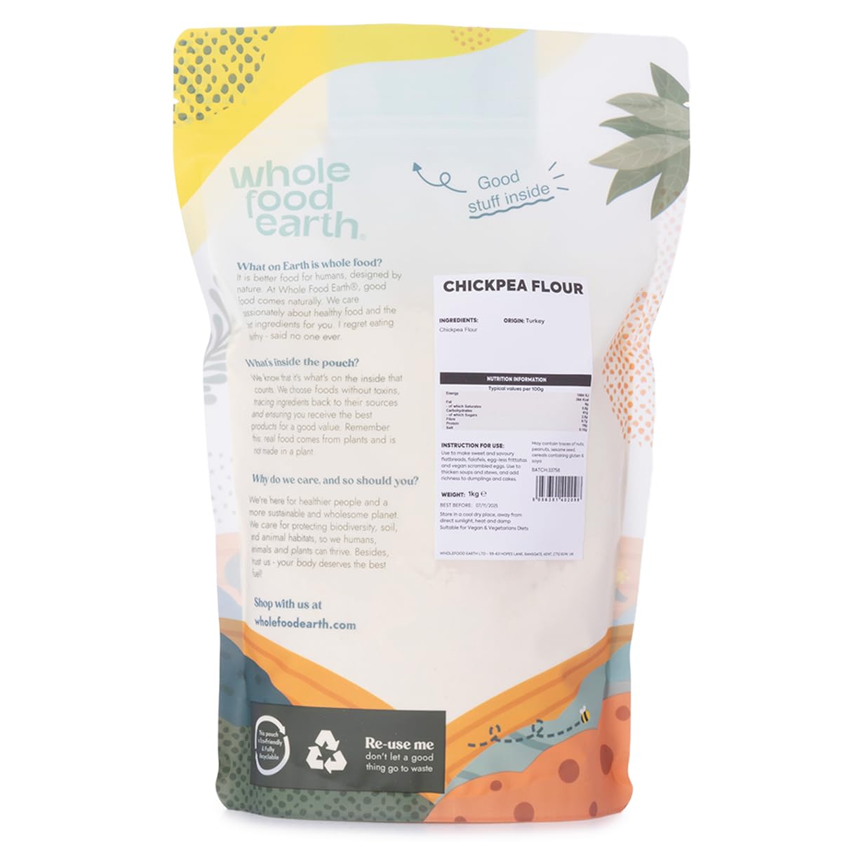 Wholefood Earth Chickpea Flour 1 kg - Gluten-Free, GMO-Free, High-Fibre Baking Flour