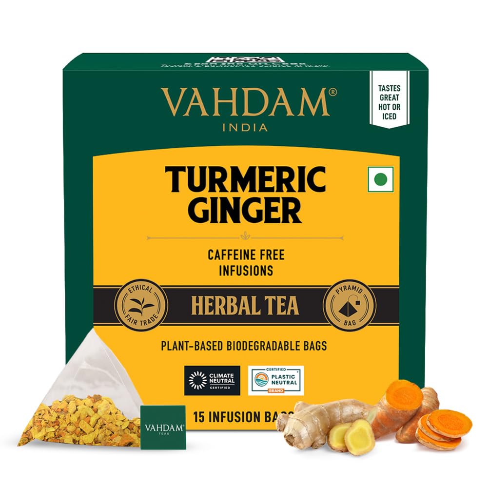 VAHDAM - Turmeric + Ginger Herbal Tea Blend (15 Pyramid Tea Bags)