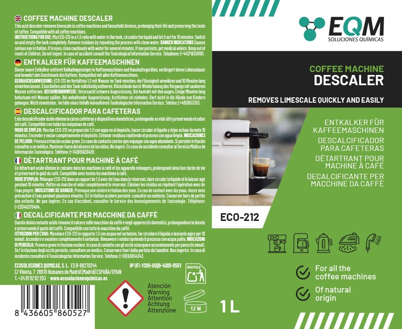 EQM - ECO-212 Coffee Machine Descaler - 1L - 100% Natural Origin with Citric Acid 4