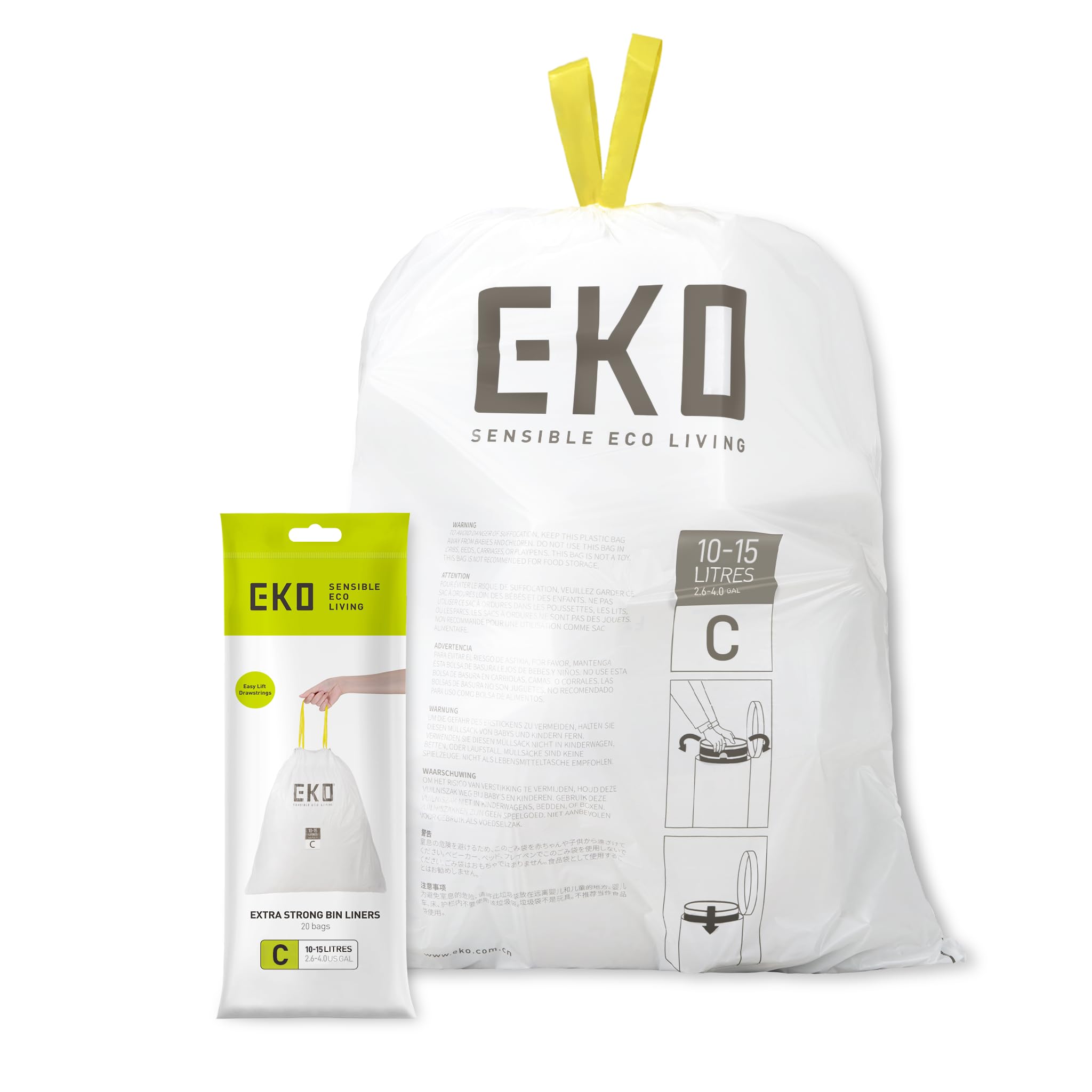 EKO Size C Bin Liners for Kitchen Bins - 10-15 Litre Capacity - Extra Strong with Drawstring Tie - 20 Bags